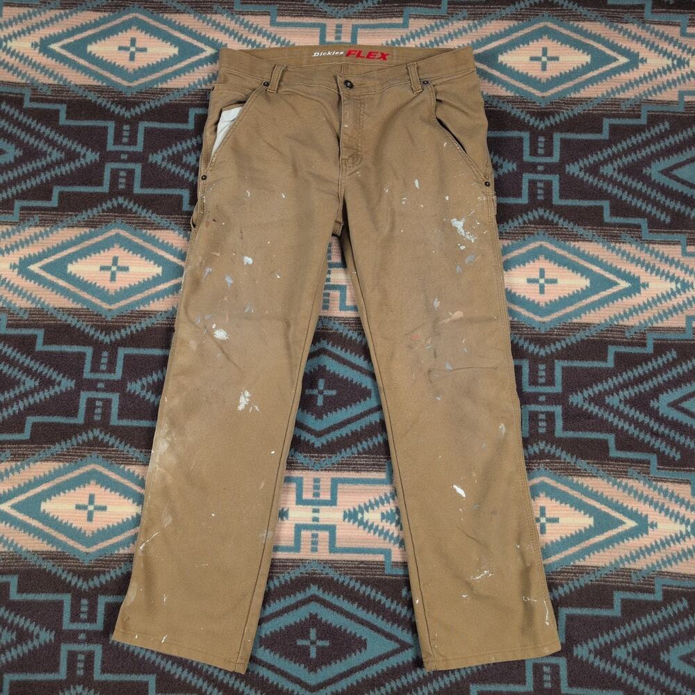 Dickies Carpenter Pants Mens Size 34x29 Tan Flex Straight Workwear Painted